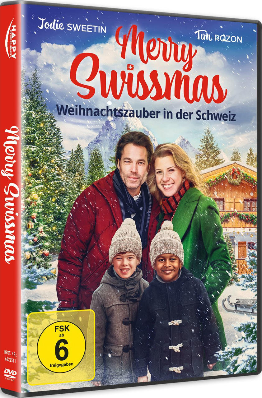 DVD-Cover von "Merry Swissmas". Eine Familie steht vor einer schneebedeckten Berglandschaft. Titel in roter Schrift. FSK-Einstufung.