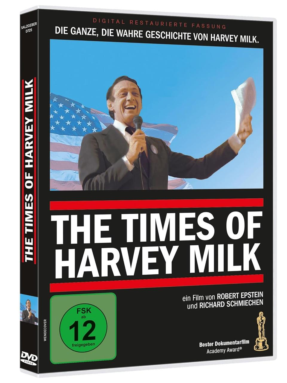 DVD-Cover für "The Times of Harvey Milk". Ein Mann spricht in ein Mikrofon, mit amerikanischer Flagge im Hintergrund. Text beinhaltet Titel und Auszeichnungen.