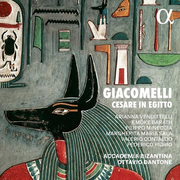 Anubis-Kunstwerk mit Hieroglyphen. Titel: Giacmelli Cesare in Egitto. Namen von Personen. Accademia Bizantina, Ottavio Dantone.