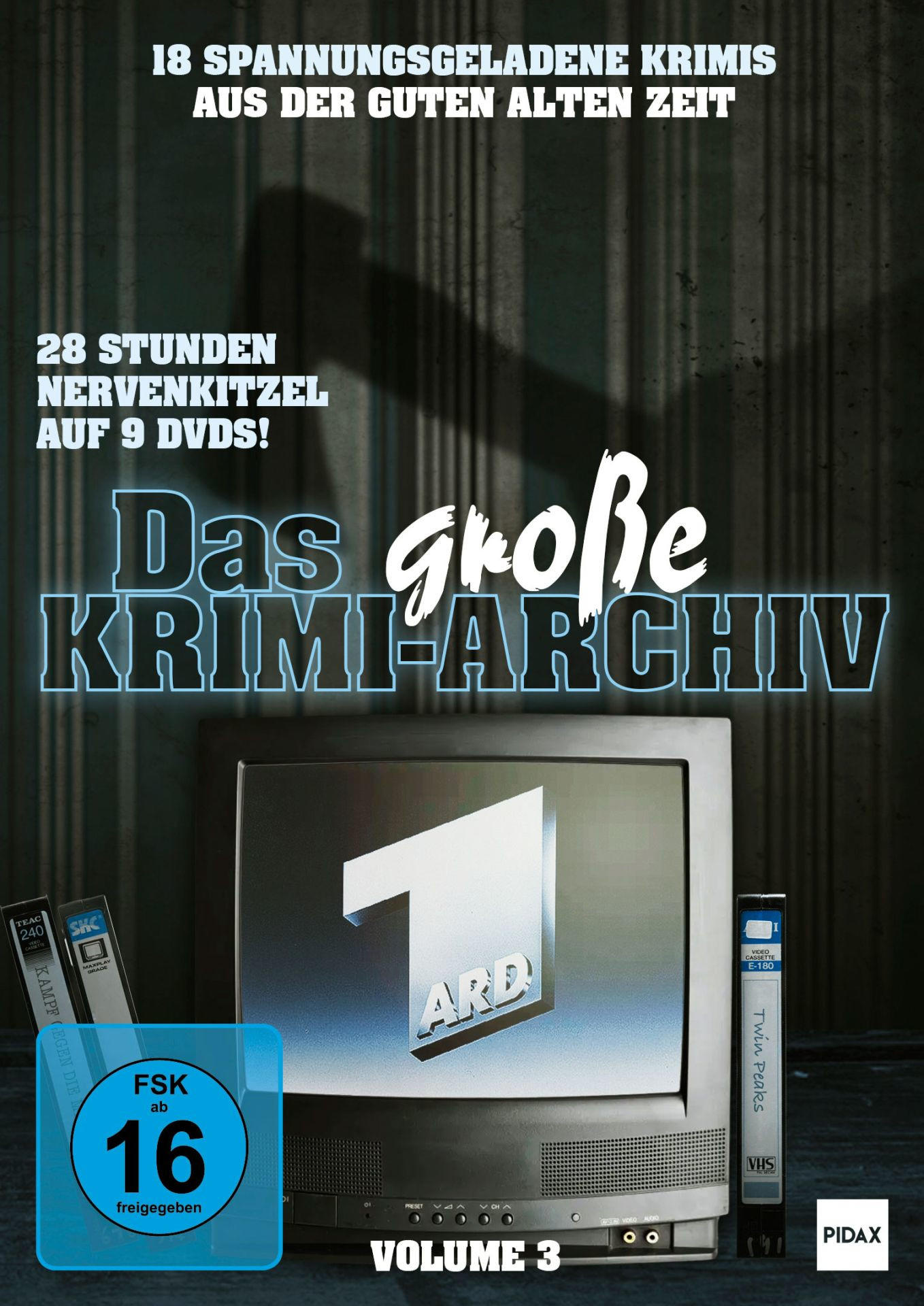 DVD-Cover für 'Das große Krimi-Archiv'. Es zeigt einen Retro-TV, eine VHS-Kassette und Text auf Deutsch über Krimidramen.