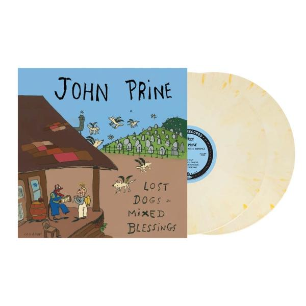 Albumcover für John Prines 'Lost Dogs + Mixed Blessings' mit Schallplatten. Das Artwork zeigt ein Haus und fliegende Hunde.