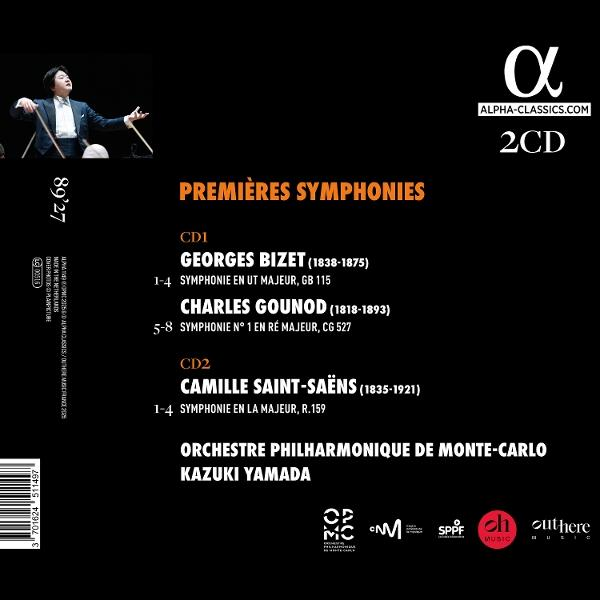 CD-Cover mit Orchesterdirigenten, Text 'Premières Symphonies', Namen der Komponisten und 'Orchestre Philharmonique de Monte-Carlo'.