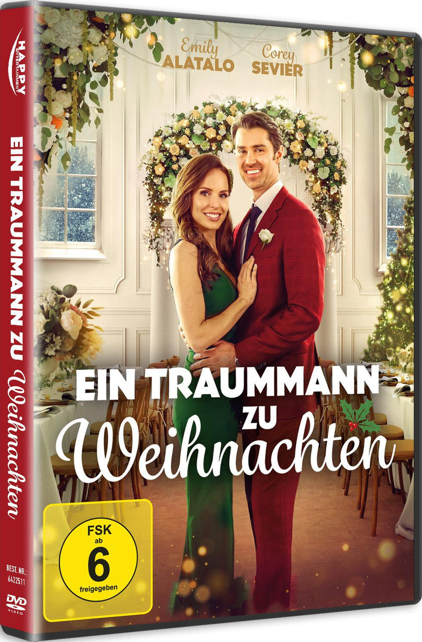 DVD-Cover mit umarmendem Paar. Der Mann trägt einen roten Anzug, die Frau ein grünes Kleid. Titel: Ein Traummann zu Weihnachten.