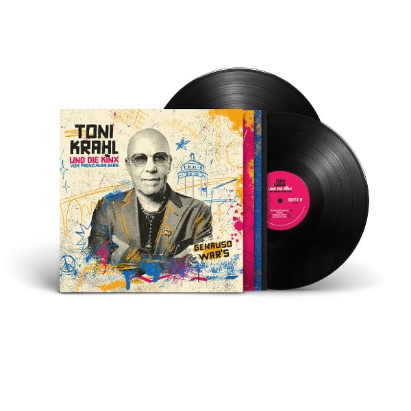 Albumcover von Toni Krahls Vinyl-Schallplatte mit seinem Porträt und zwei Schallplatten daneben.