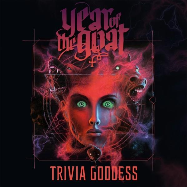 Kunstwerk mit einem rotgesichtigen Frau mit grünen Augen, umgeben von Tierköpfen. Der Text lautet: 'Year of the Goat, Trivia Goddess'.