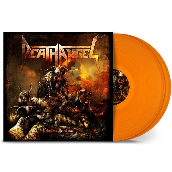 Albumcover mit dämonischen Figuren. Orangefarbene Schallplatte sichtbar. Der Titel lautet 'Relentless Retribution'.