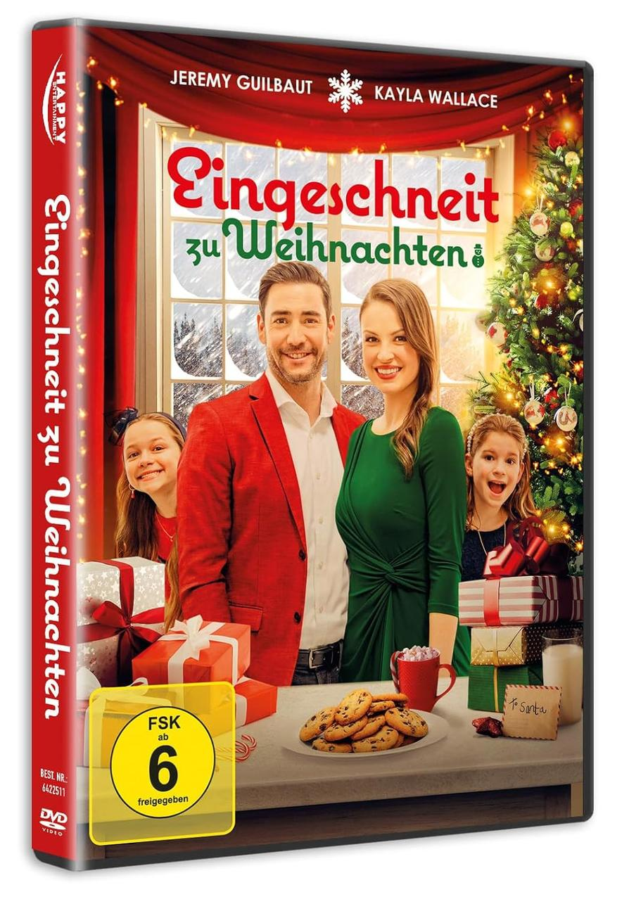 DVD-Cover eines Weihnachtsfilms. Ein Paar und zwei Kinder stehen vor einem Weihnachtsbaum. Kekse und Geschenke stehen auf einem Tisch.