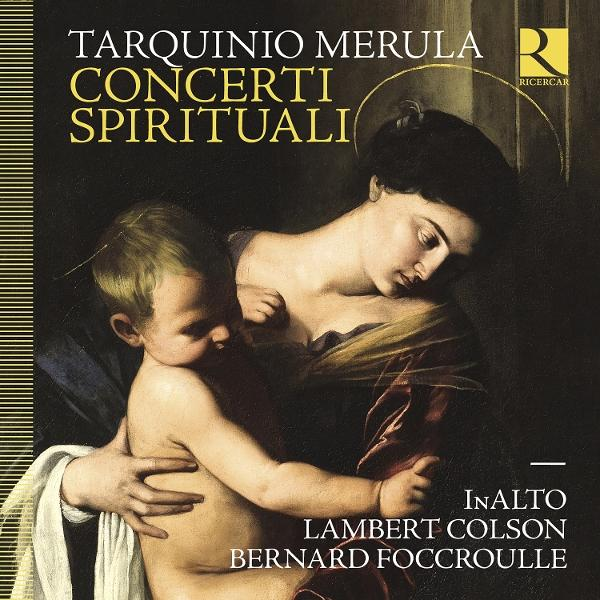 Kunstwerk zeigt eine Frau, die ein Kind hält. Der Text lautet 'TARQUINIO MERULA CONCERTI SPIRITUALI' mit Künstlernamen darunter.