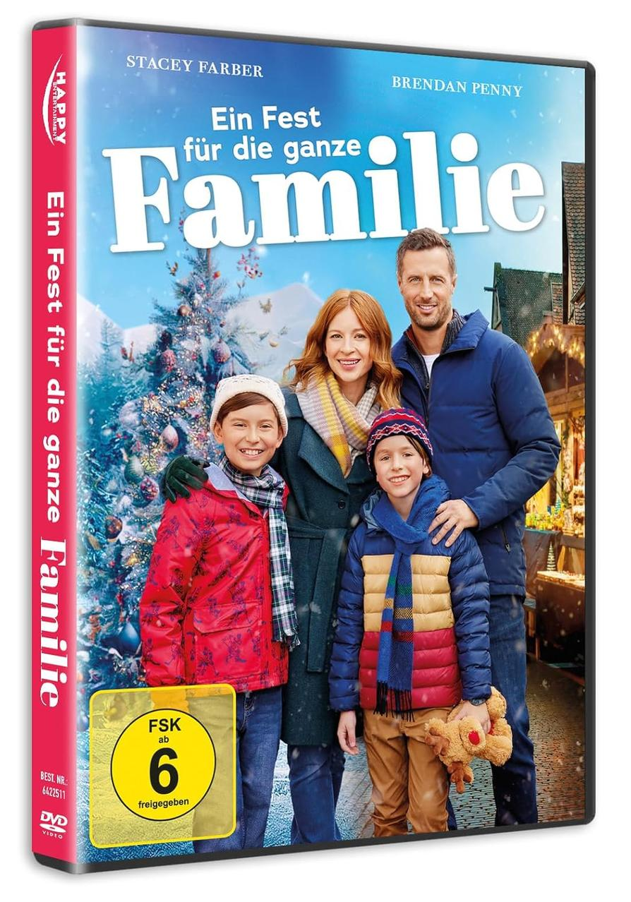 DVD-Cover mit Familie. Text lautet 'Ein Fest für die ganze Familie'. Menschen tragen Winterkleidung. Weihnachtsbaum im Hintergrund.