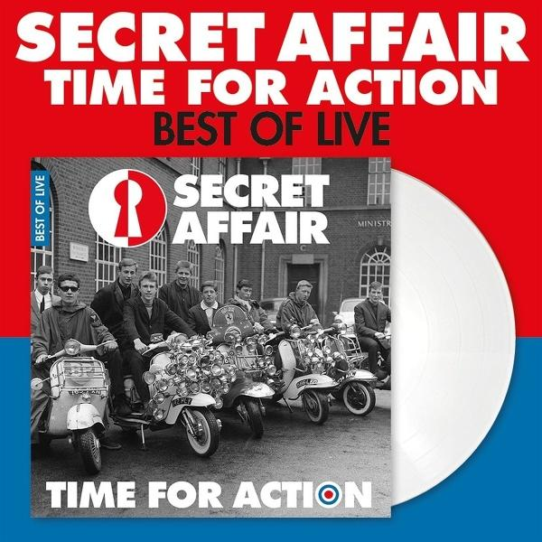 Albumcover. Männer auf Rollern. Titel lautet Secret Affair, Time For Action, Best of Live. Weiße Schallplatte rechts.