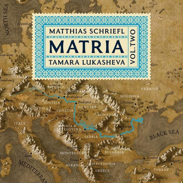 Eine Europakarte mit Ländernamen, dem Schwarzen Meer und einer Briefmarke mit dem Titel "MATRIA".