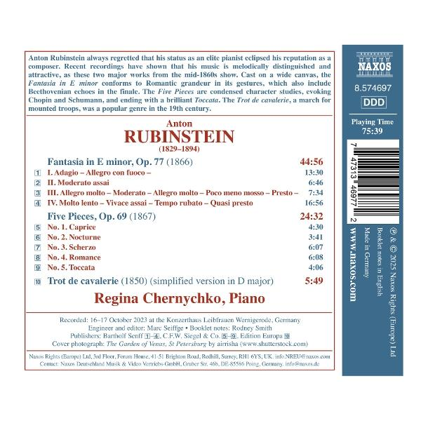 Albumcover mit Text über die Musik von Anton Rubinstein, ein Klavier und ein Naxos-Logo. Enthält Zeiten und Titeln.