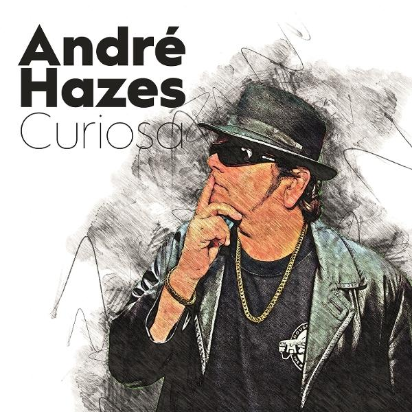 Album cover of André Hazes. He wears sunglasses, a hat, and a gold chain, with a finger to his lips. The background is sketched.
