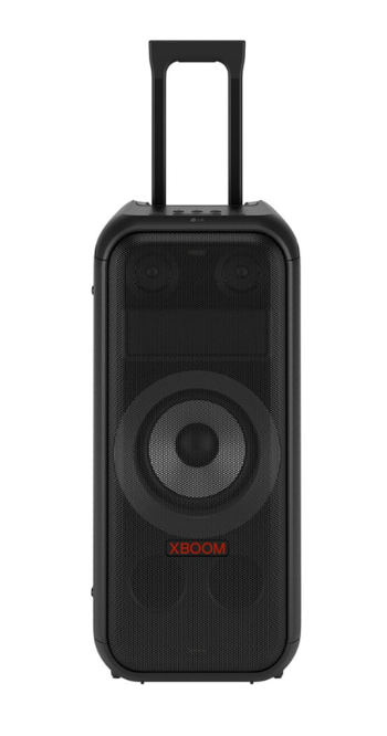 Siyah LG XBOOM hoparlör, tutamağı var. Büyük ve küçük hoparlörleri var. XBOOM kelimesi kırmızı.