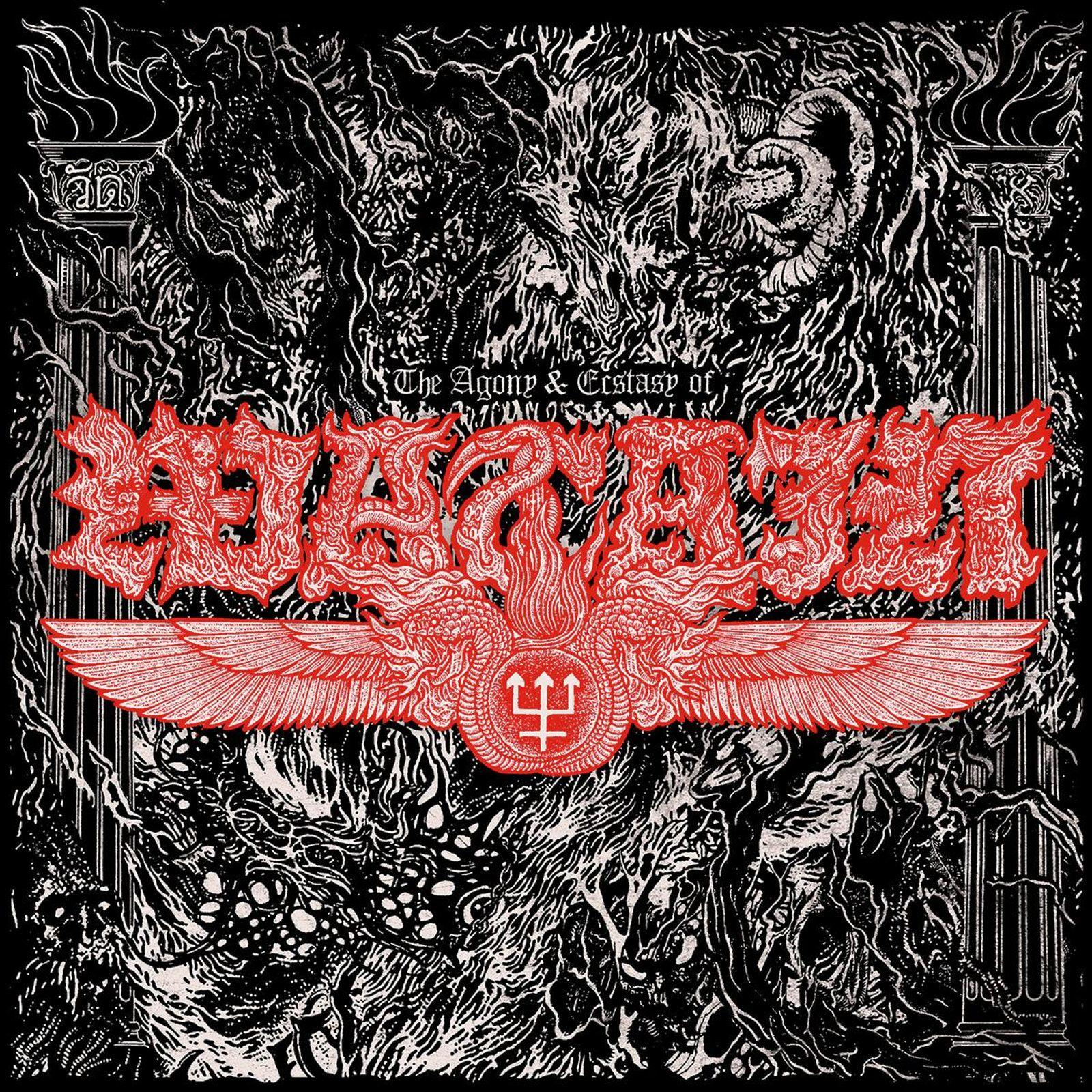 Albumcover mit rotem, stilisiertem Text und geflügeltem Emblem auf schwarzem Hintergrund mit kompliziertem, chaotischem Design.