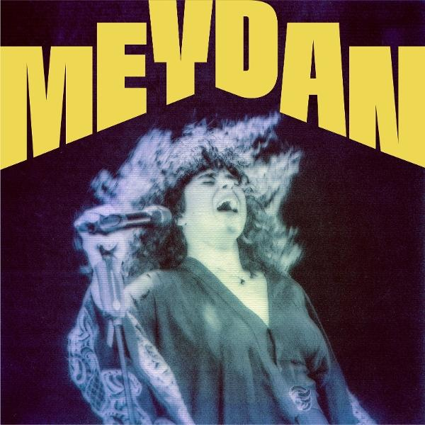 Eine Frau singt mit Mikrofon, ihre Haare sind hochgesteckt. Das Wort 'MEYDAN' steht in gelben Buchstaben darüber.