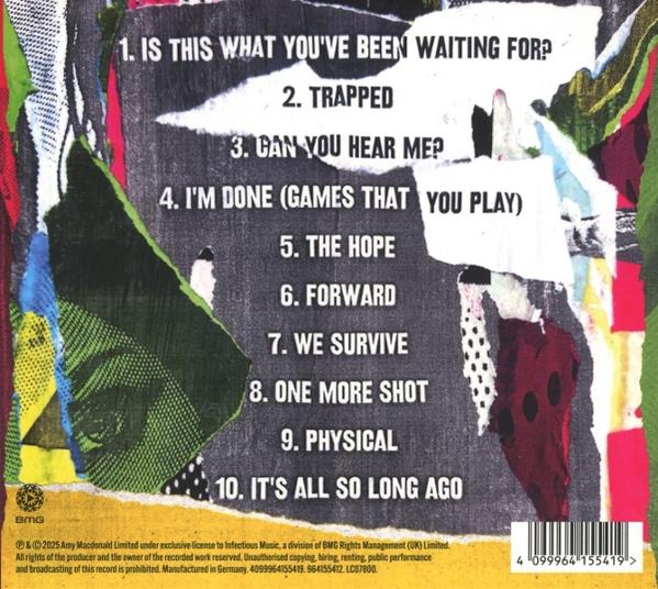 Rückseite des Albums mit Titelliste. Zerrissener Papiereffekt mit Titeln wie 'Trapped', 'Forward' und 'Physical'. Enthält Barcode und Urheberrechtliche Informationen.