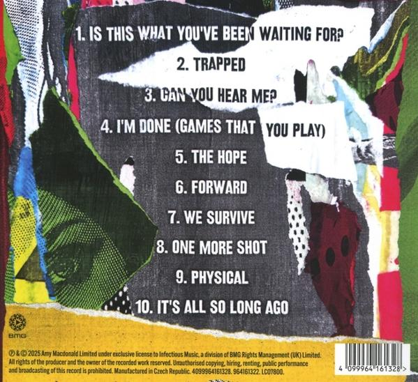 Albumcover mit Titelliste. Der Hintergrund ist eine Collage aus zerrissenem Papier in verschiedenen Farben. Songtitel in weißem Text.