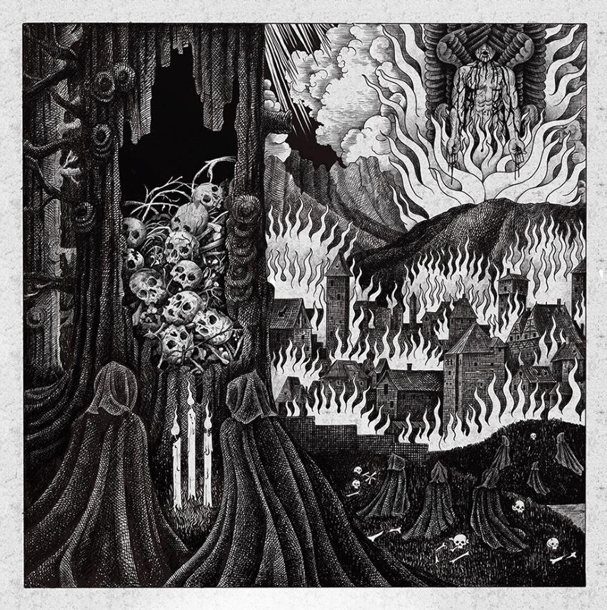 Schwarz-Weiß-Illustration. Figuren in Umhängen beobachten eine brennende Stadt, Schädel, Engel in Flammen. Vordergrund zeigt Figuren mit Umhängen und Kerzen.