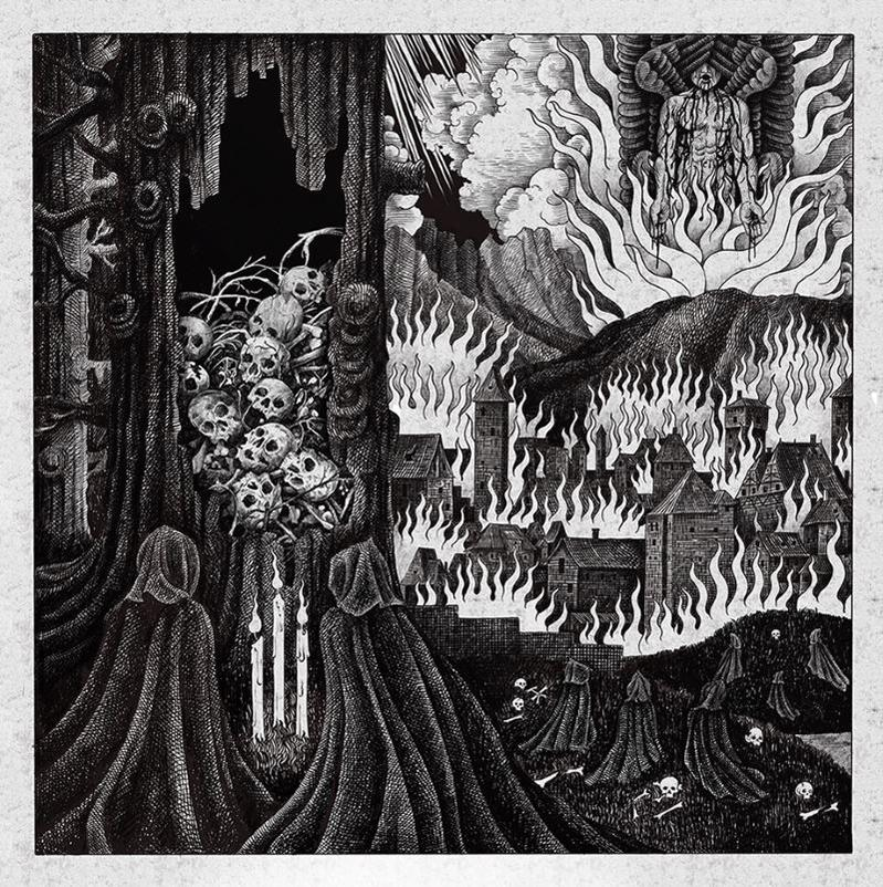 Eine Schwarz-Weiß-Illustration zeigt eine brennende Stadt, Figuren in Umhängen, Schädel und eine dämonische Figur inmitten von Flammen.