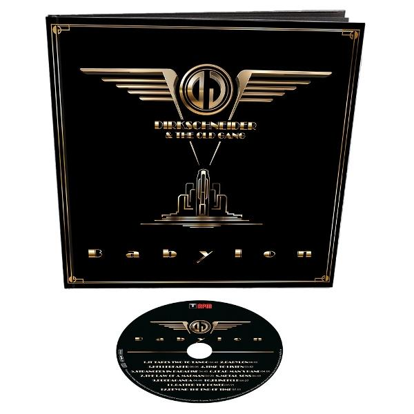 CD-Cover mit Gold- und Schwarzdesign. Mit Bandname DIRKSCHNEIDER, Albumtitel Babylon und einer CD mit dem gleichen Design.