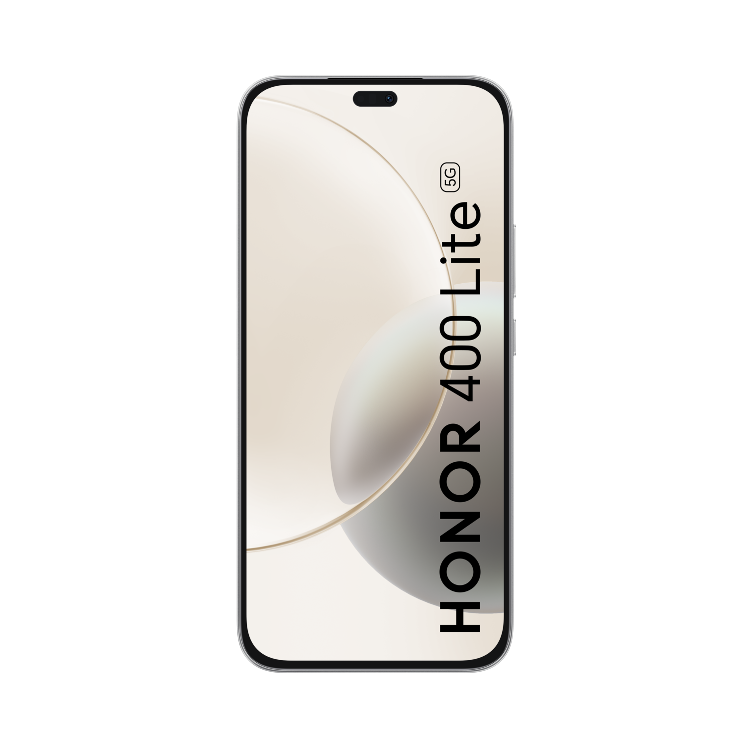 Een smartphone met een licht crèmekleurig scherm. De telefoon is gelabeld HONOR 400 Lite 5G. De achtergrond is zwart.