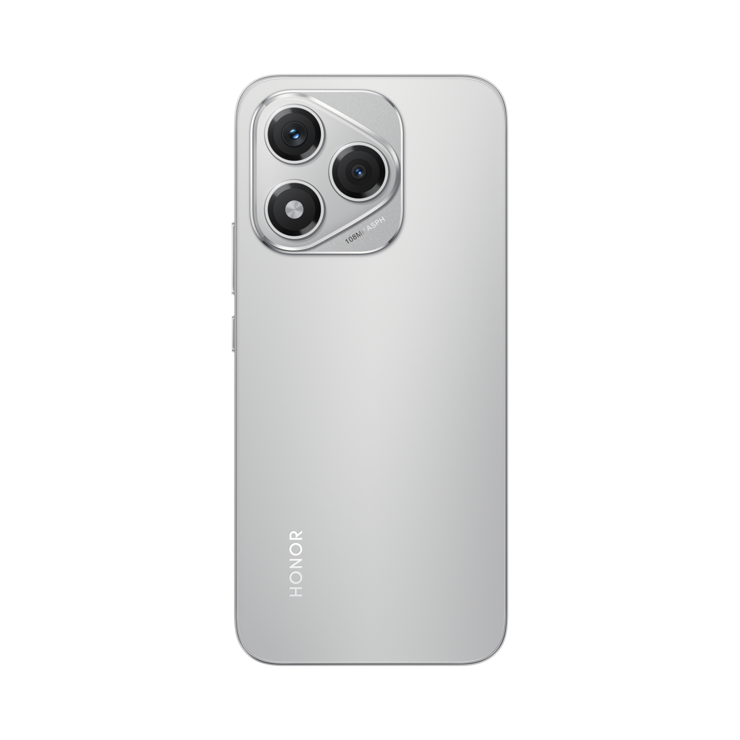 Zilveren smartphone achterkant met drievoudige camera, HONOR logo en zwarte achtergrond.