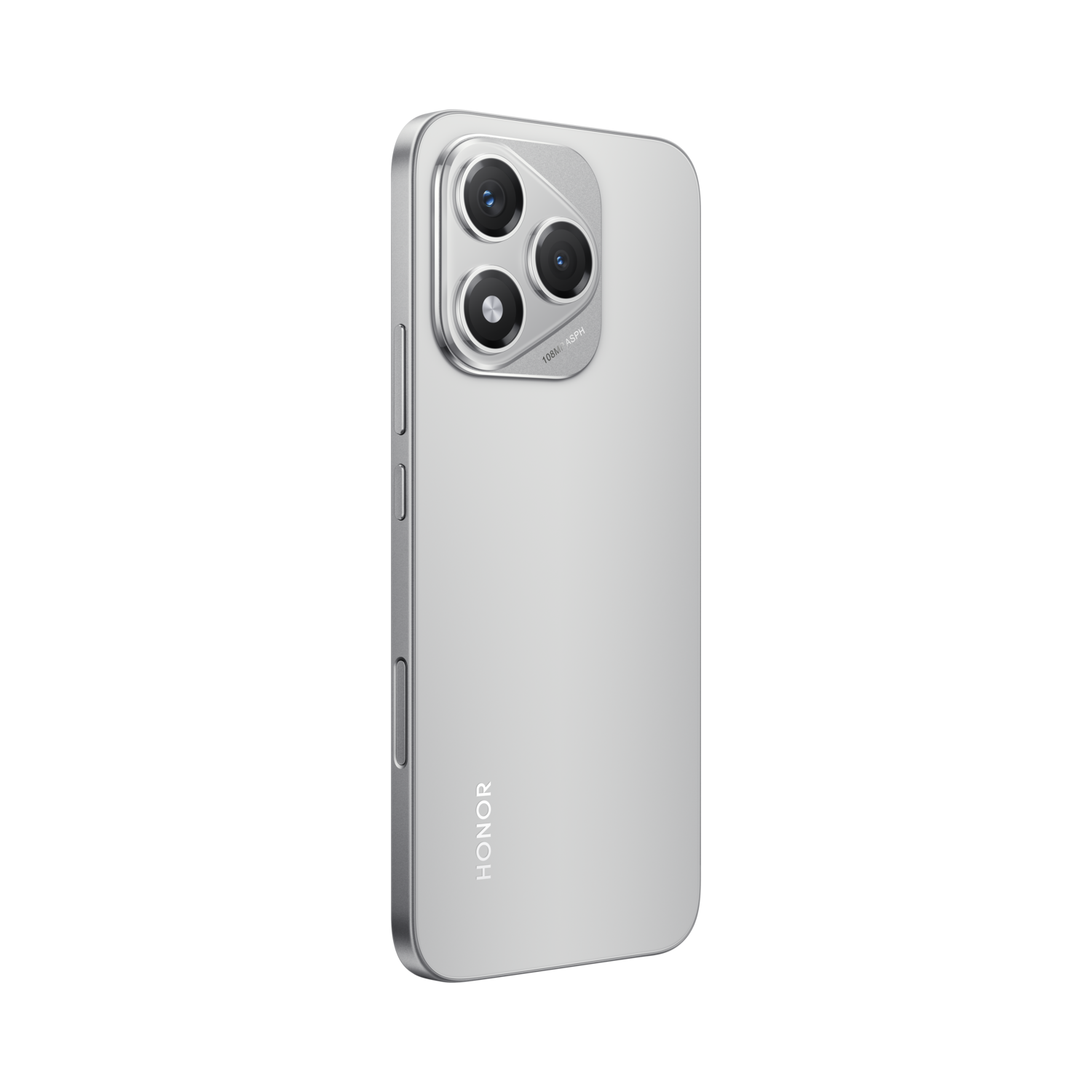 Een zilveren smartphone met drie camera's staat iets naar rechts gekanteld. Het HONOR-logo is zichtbaar. Zwarte achtergrond.