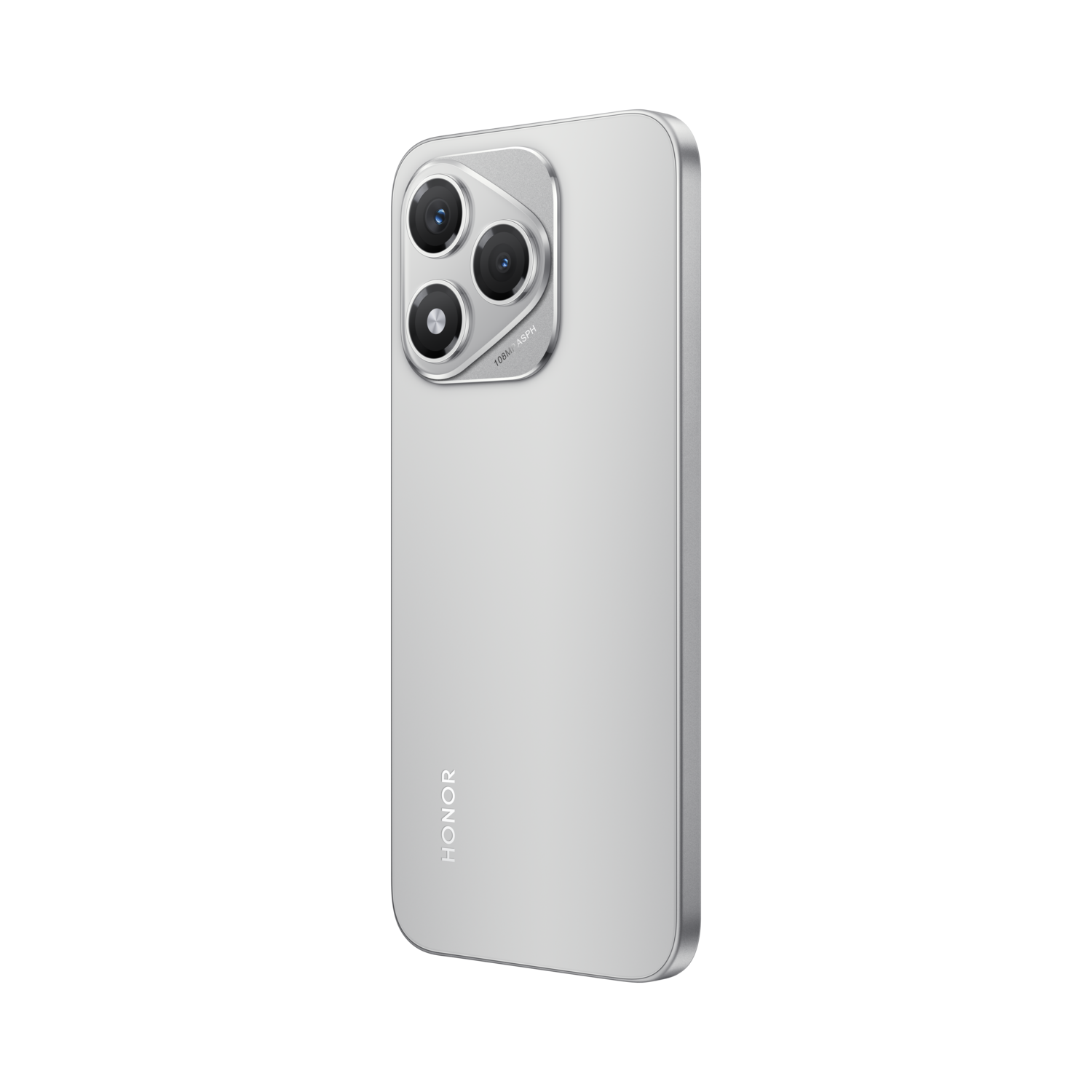 Zilveren smartphone met drie camera's. Het Honor-logo is zichtbaar. De achtergrond is zwart.