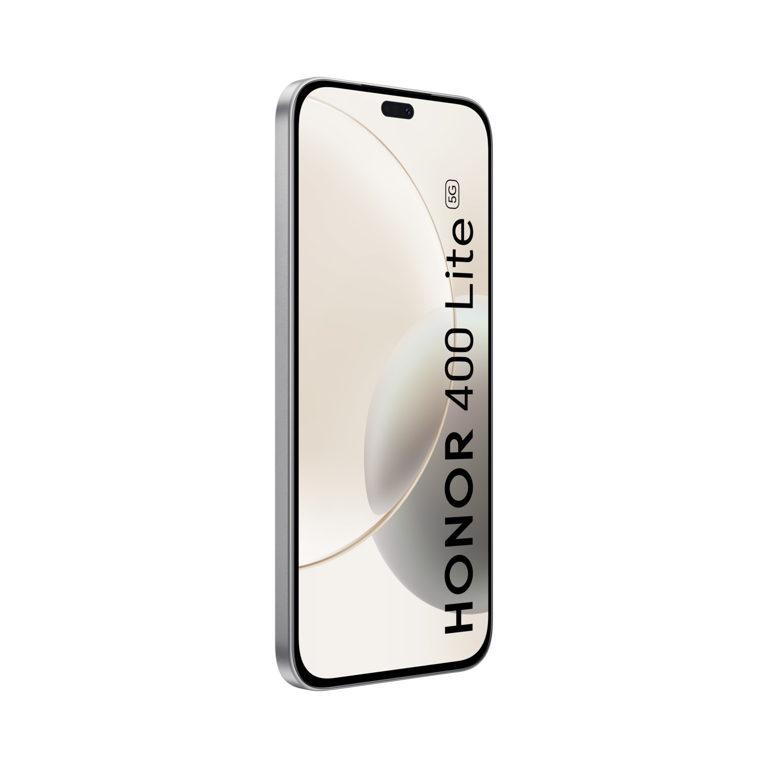 Een zilveren Honor 400 Lite 5G-smartphone op een zwarte achtergrond. Het scherm toont een lichtbeige kleur met witte en gouden vormen.