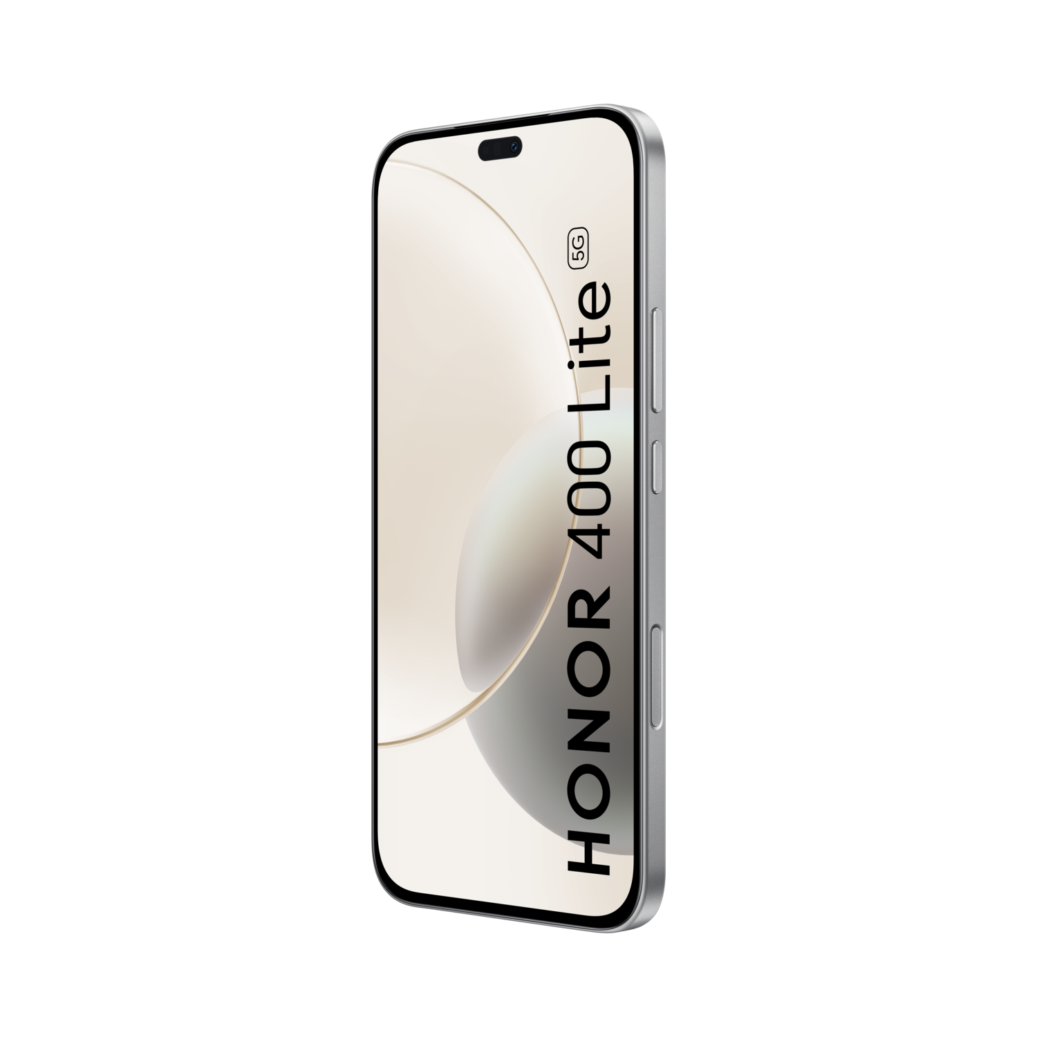 Zilveren Honor 400 Lite 5G-telefoon op zwarte achtergrond. Scherm toont abstract ontwerp en tekst. Volumeknoppen aan de zijkant.