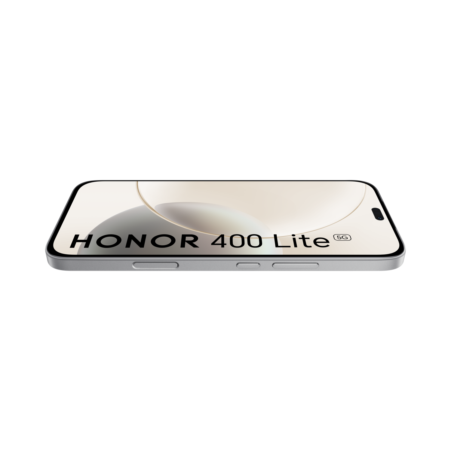 Een zilveren Honor 400 Lite 5G-telefoon, schuin. Het scherm toont een beige en gouden ontwerp met de naam van de telefoon. De achtergrond is zwart.