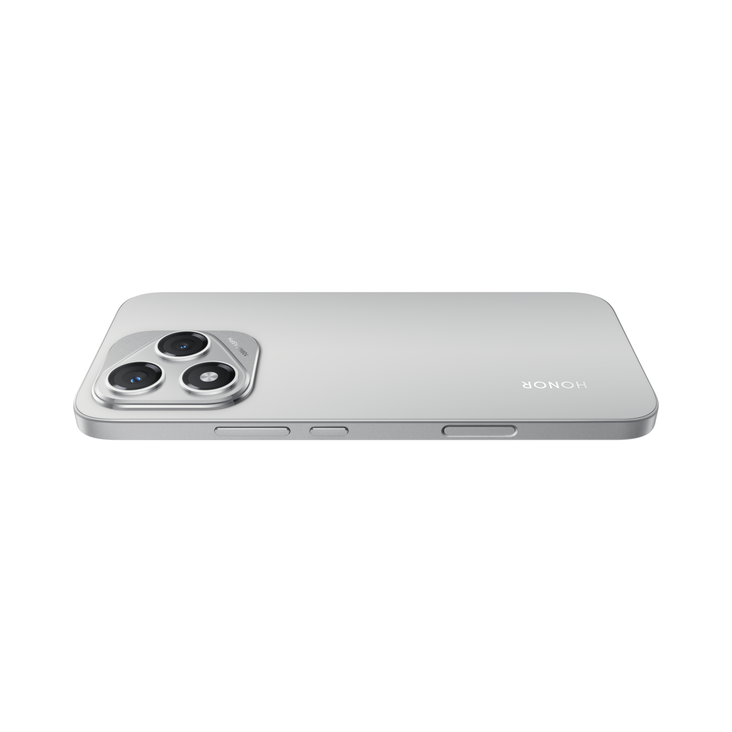 Een zilveren smartphone met drie cameralenzen wordt getoond op een zwarte achtergrond. De merknaam HONOR is zichtbaar.