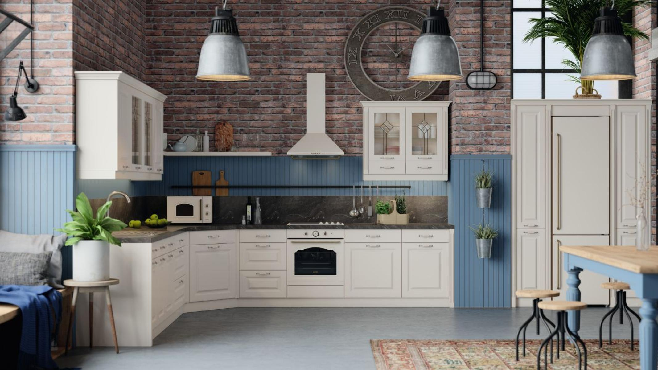 Kuchnia z białymi szafkami, ceglaną ścianą i kuchenką. Jest zegar i lodówka. Obecne są rośliny i stołki.