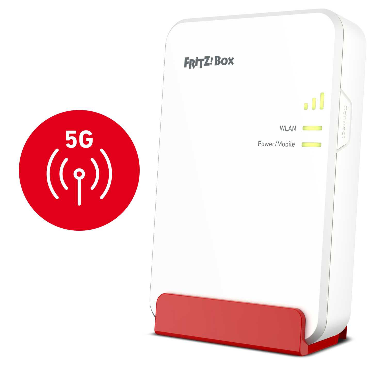 Een witte FRITZ!Box router met rode basis, met WLAN- en stroomindicatoren. Een 5G-icoon links.