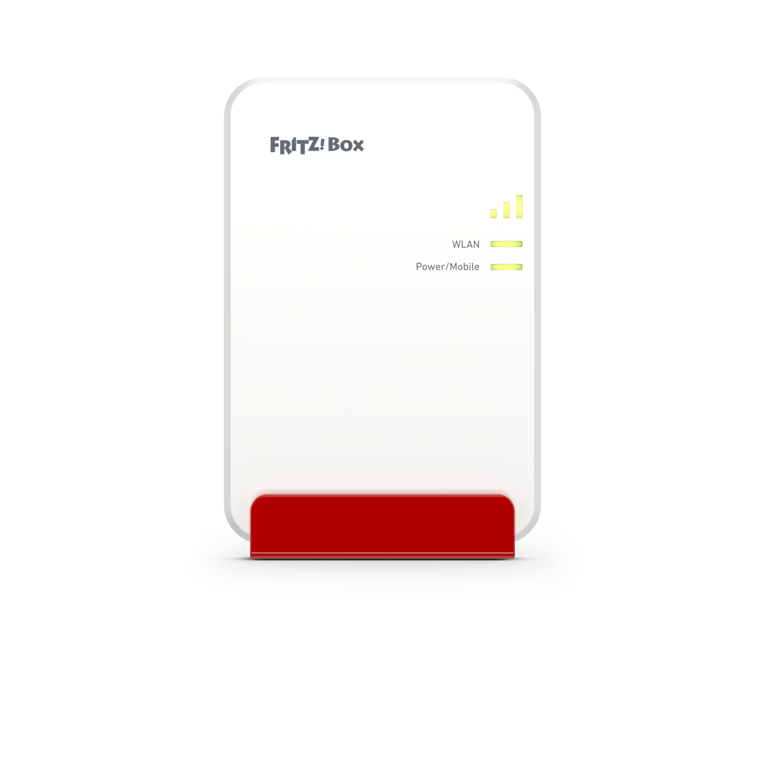 Een witte Frit!Box met rode basis. Het heeft WLAN- en Power/Mobile-indicatoren. De achtergrond is wit.
