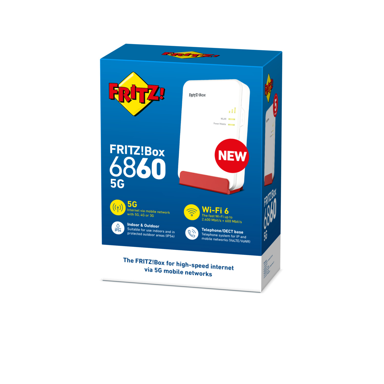 Doos van FRITZ!Box 6860 5G, wit apparaat met rode accenten, blauwe doos en tekst met functies.