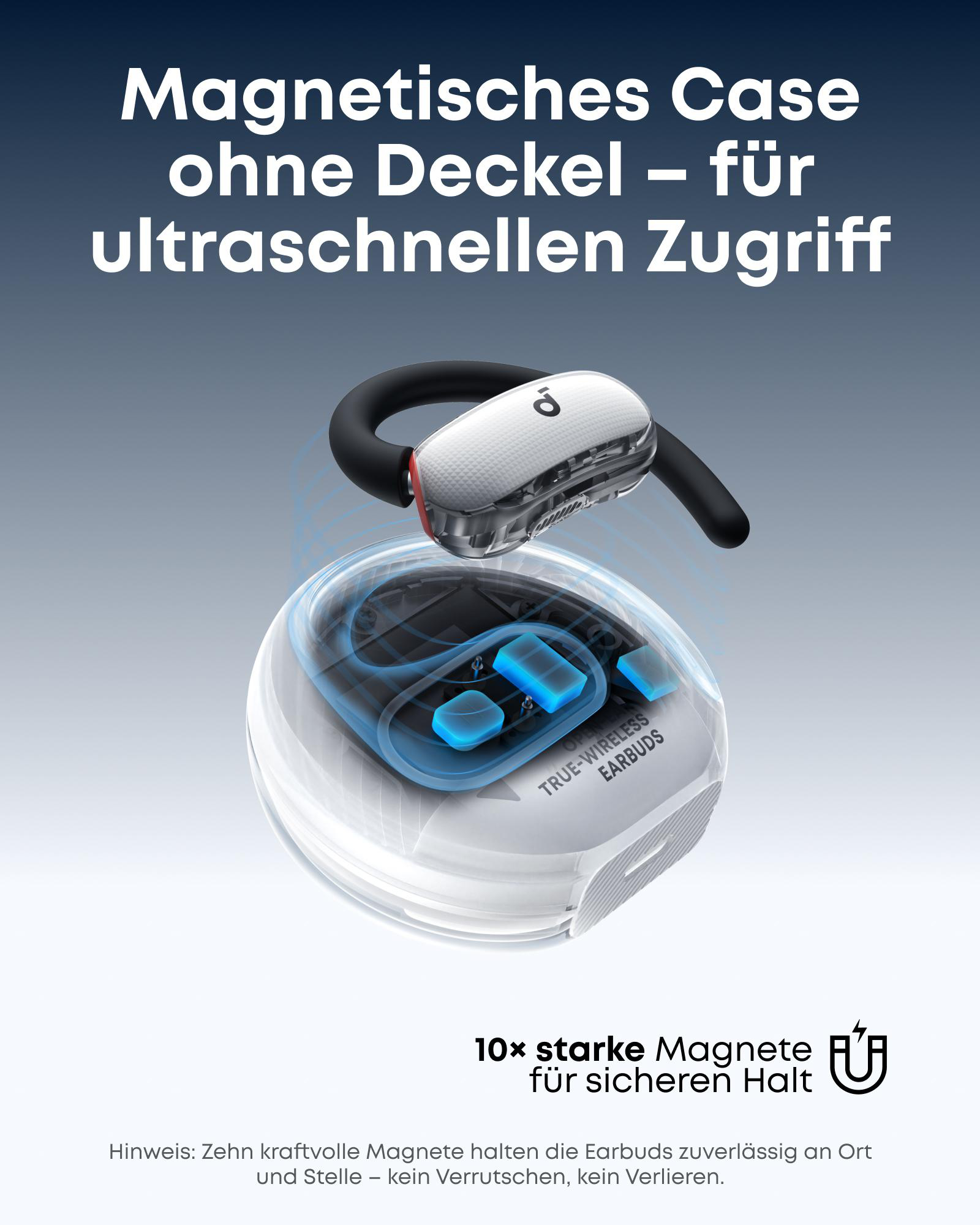 Kopfhörer in einem Gehäuse mit blauen Akzenten, das Gehäuse ist magnetisch. Text: Magnetisches Case ohne Deckel - für ultraschnellen Zugriff.