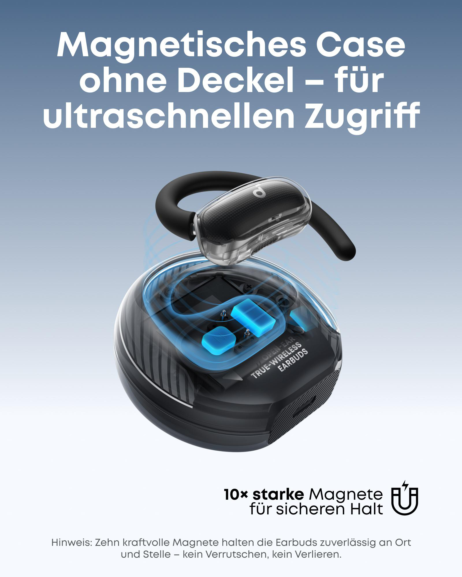 Schwarzes Ohrhörer-Case mit transparentem Deckel. Blaue Akzente, deutscher Text und die Worte 'True Wireless Earbuds'.