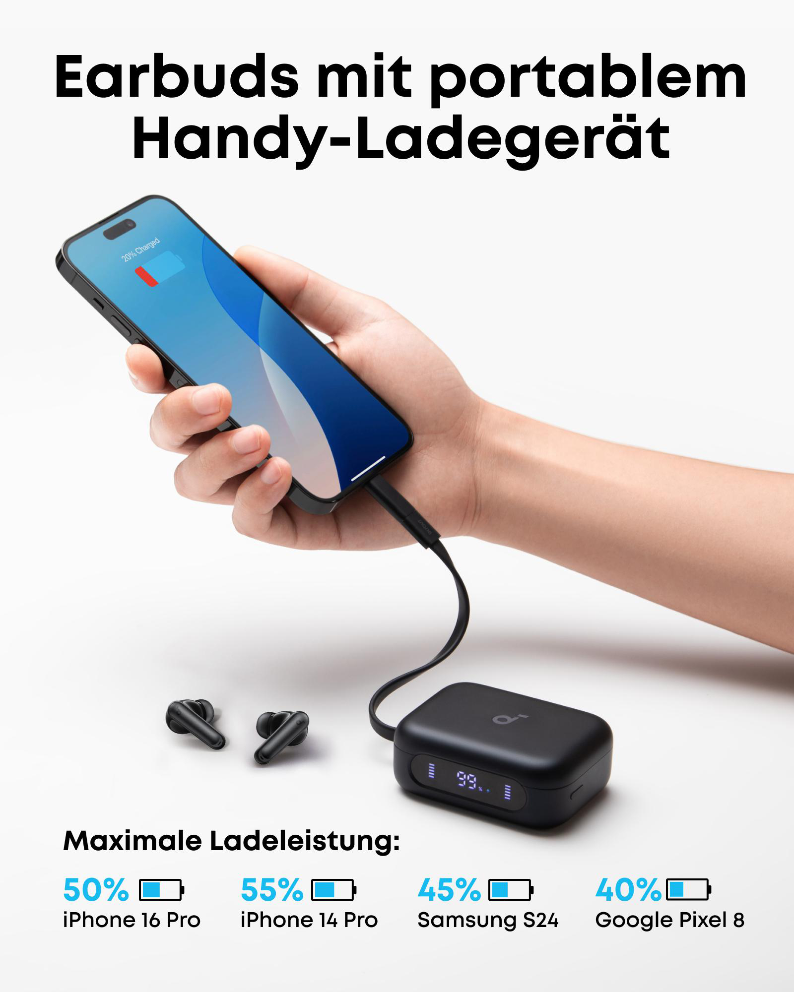 Eine Hand, die ein Smartphone hält, mit einem Ladekabel, das mit einer schwarzen Powerbank verbunden ist. Ohrhörer und Batterieprozentsätze werden angezeigt.