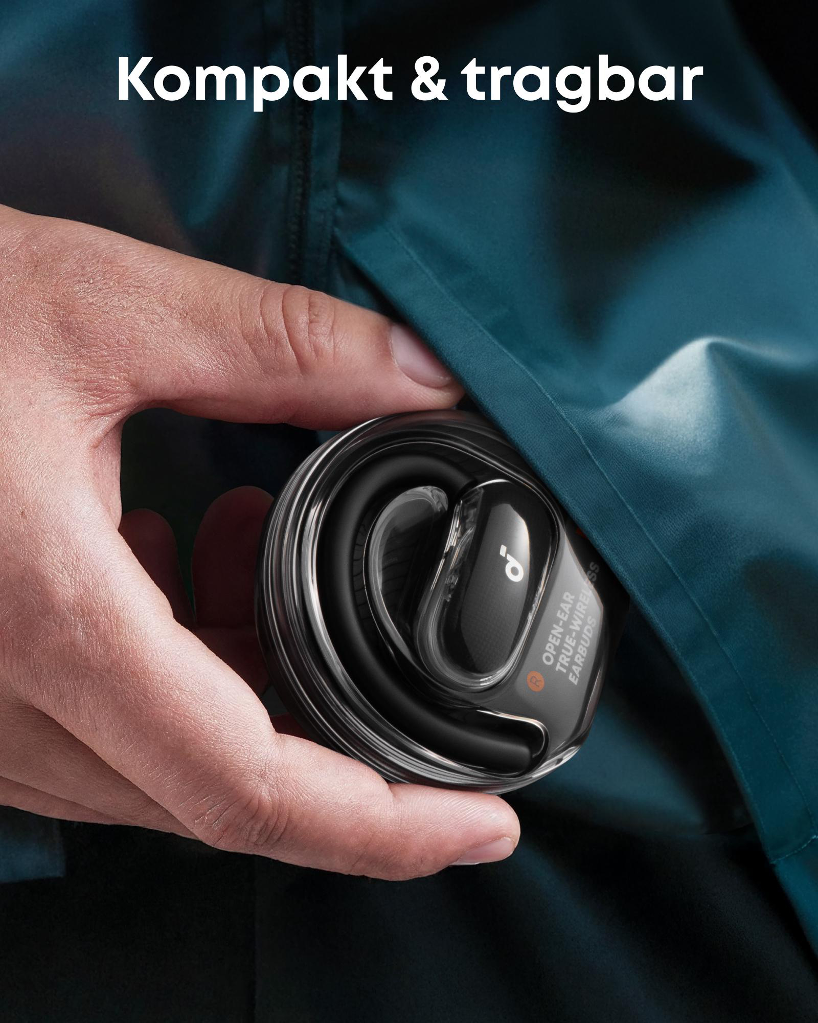 Hand hält eine schwarze Ohrhörer-Hülle. Text lautet 'Kompakt & tragbar'. Ohrhörer sind mit 'Open-Ear True-Wireless Earbuds' beschriftet.