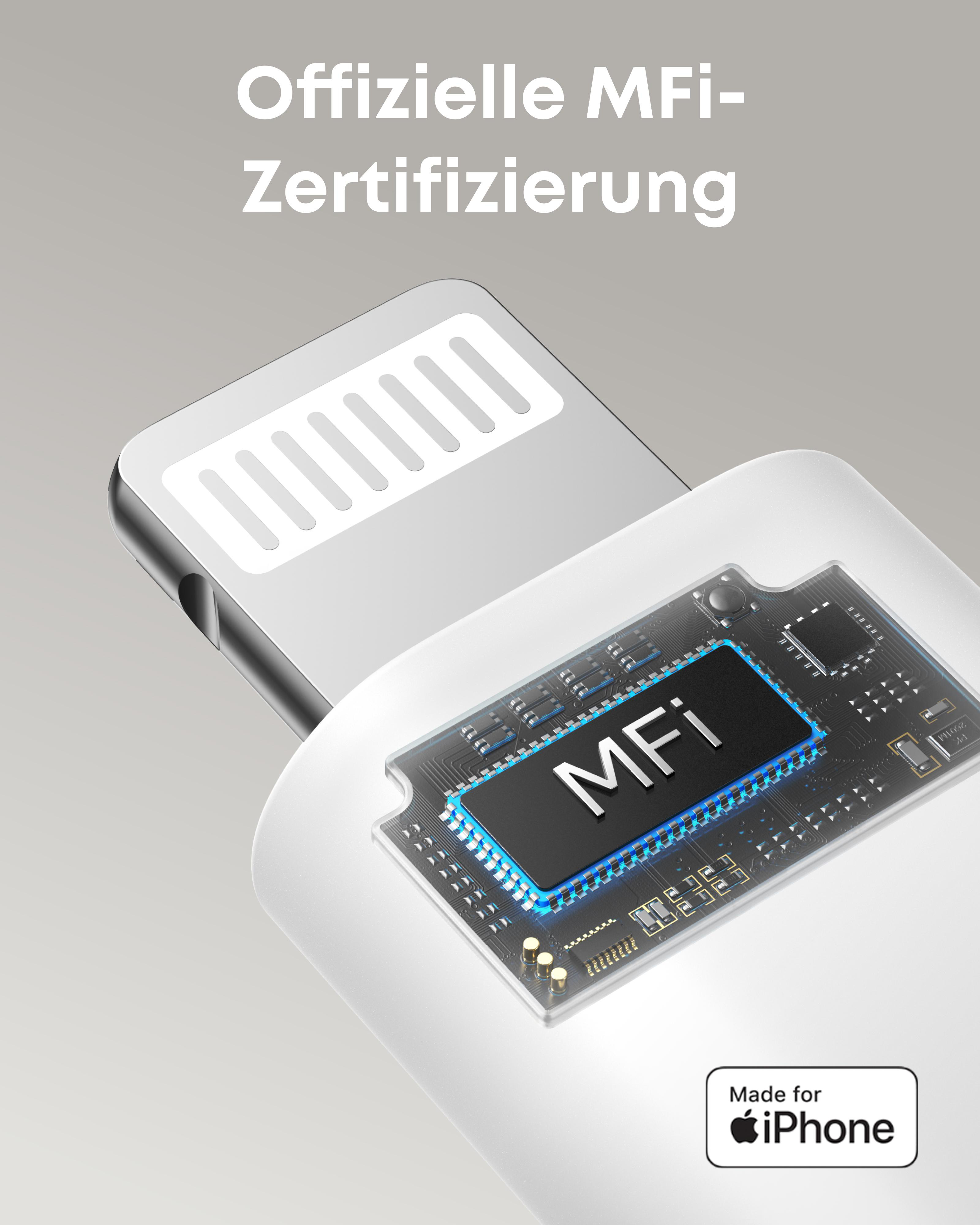 Ein iPhone-Kabel mit MFi-Zertifizierung wird gezeigt. Die interne Schaltung des Kabels ist sichtbar, mit dem Text 'MFi'.