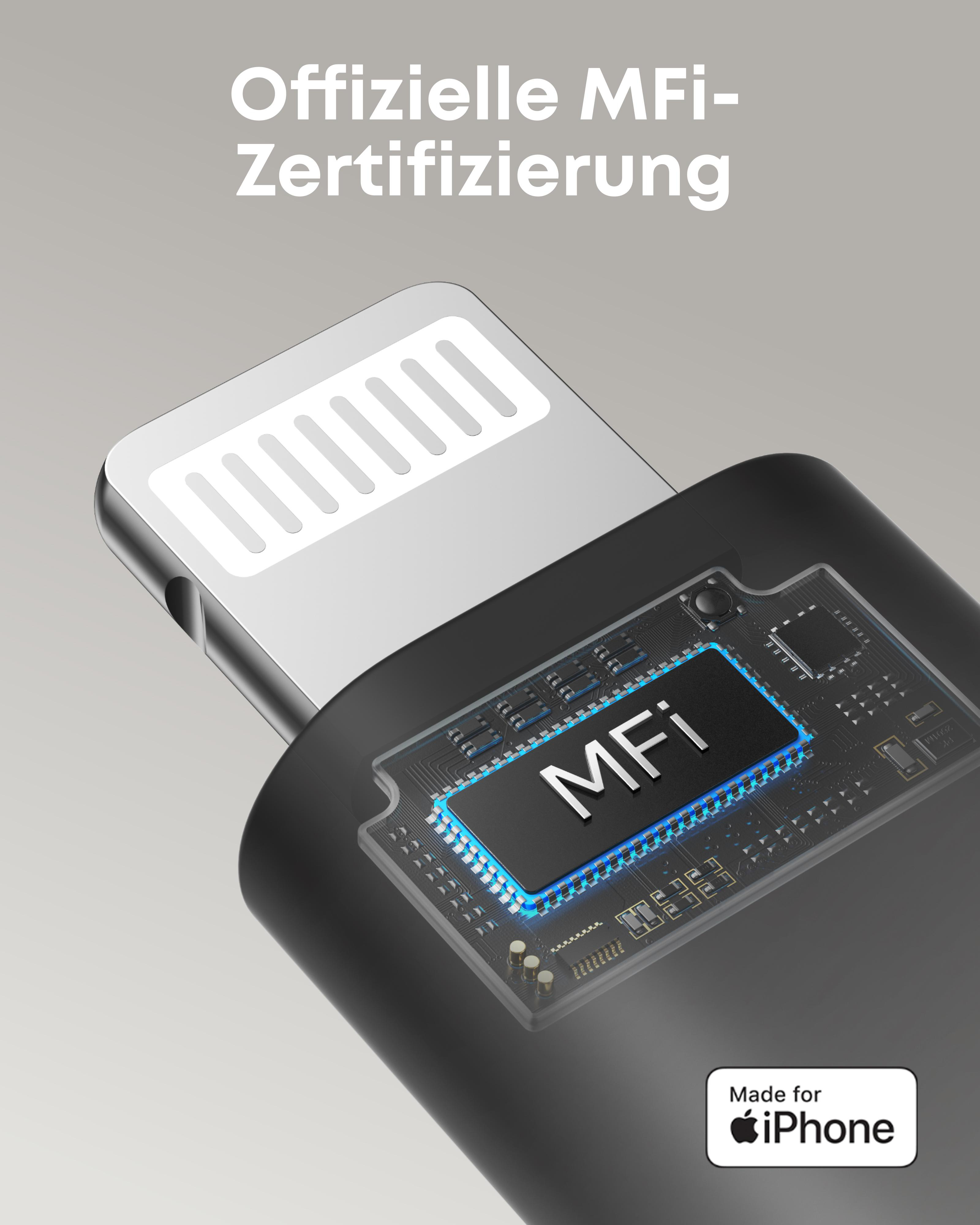 Ein iPhone-Lightning-Anschluss mit MFi-Zertifizierungsetikett, schwarzem Gehäuse und Leiterplattendesign. Der Hintergrund ist grau.