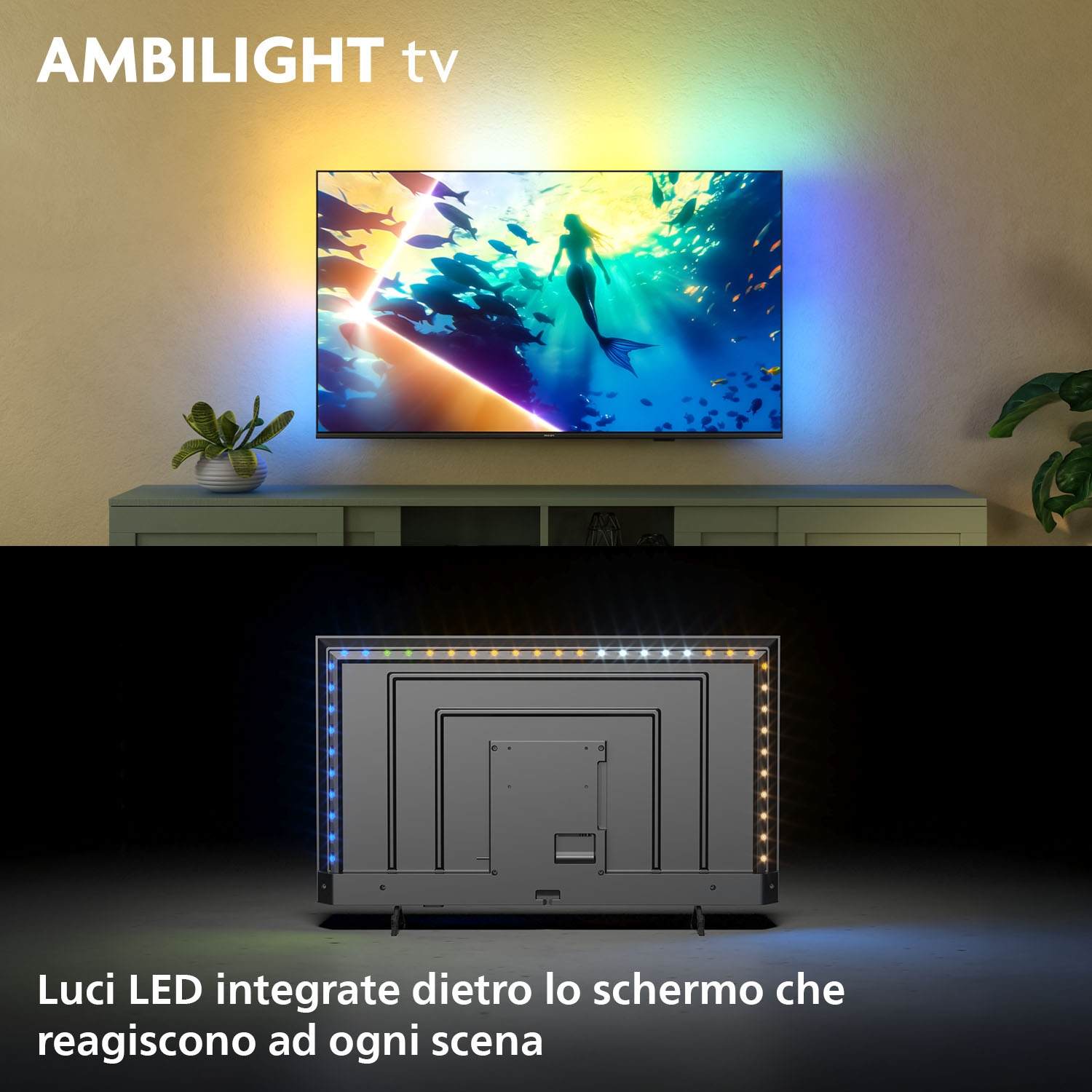 Una TV mostra una scena di sirena. La TV ha Ambilight, con luci LED che reagiscono alla scena. La TV è su un mobile.