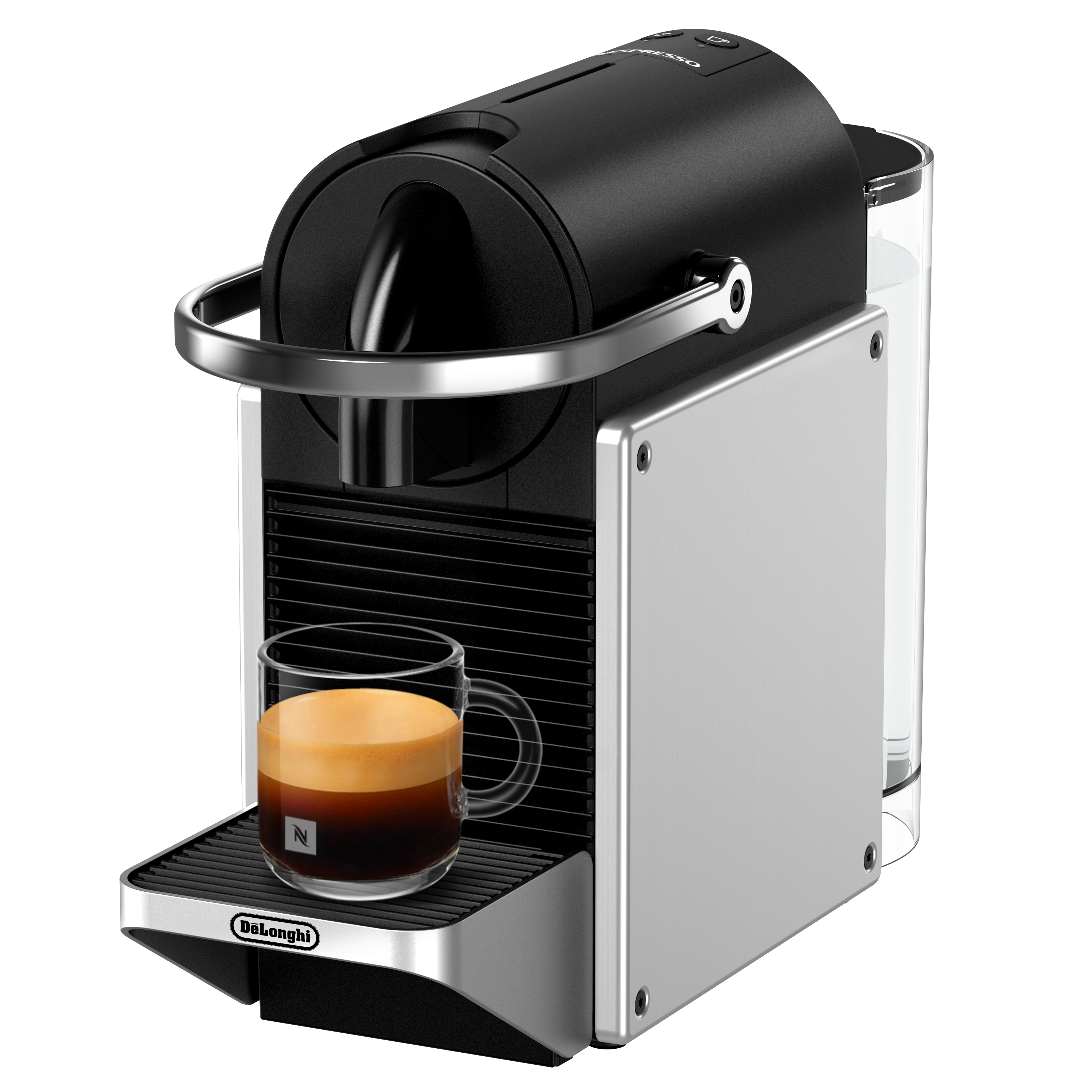 Eine schwarz-silberne Nespresso-Kaffeemaschine mit einem Glas Espresso. Die Maschine hat einen Wassertank.