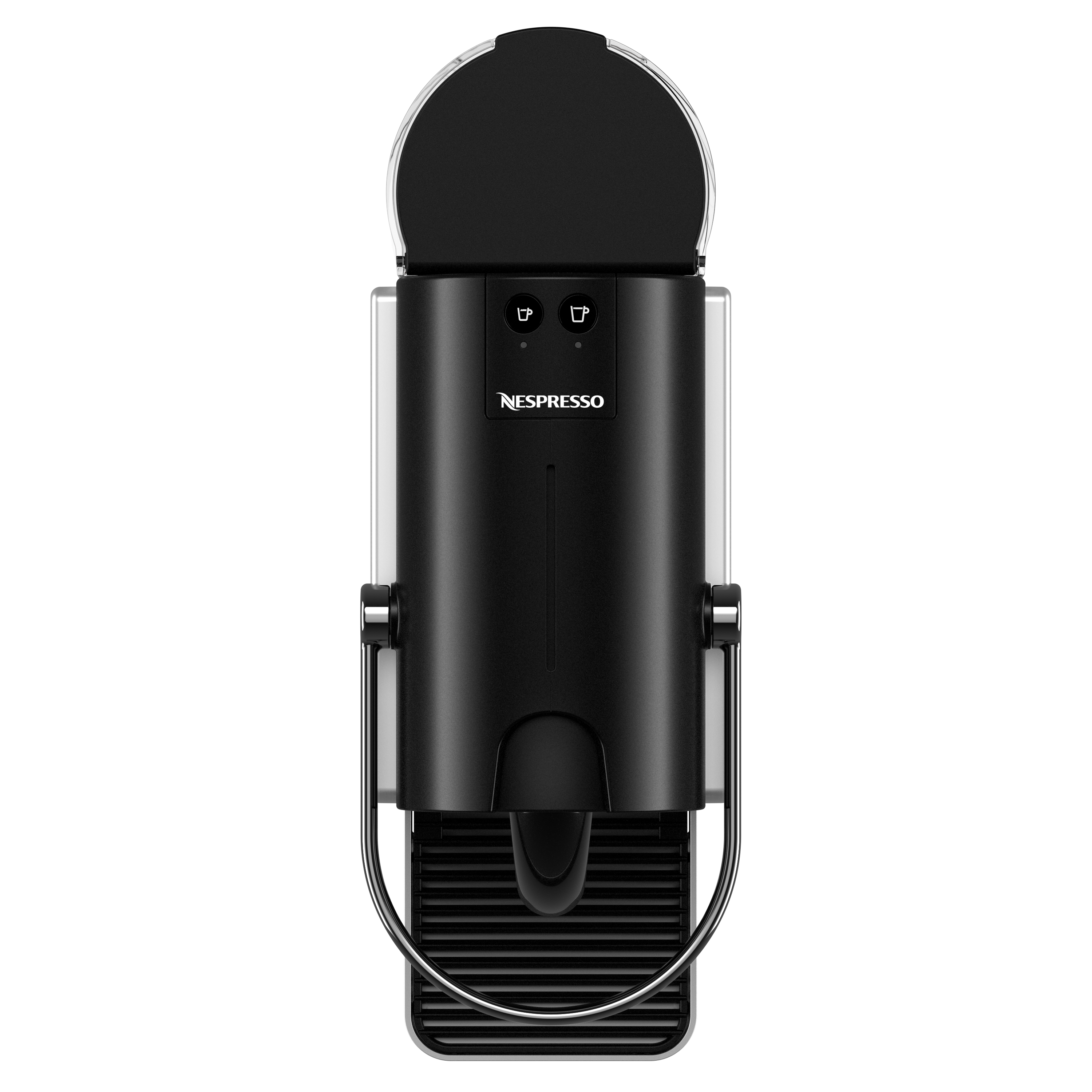 Eine Nespresso-Kaffeemaschine, schwarz und silberfarben, mit gebogenem Griff und offenem Deckel. Der Markenname ist sichtbar.