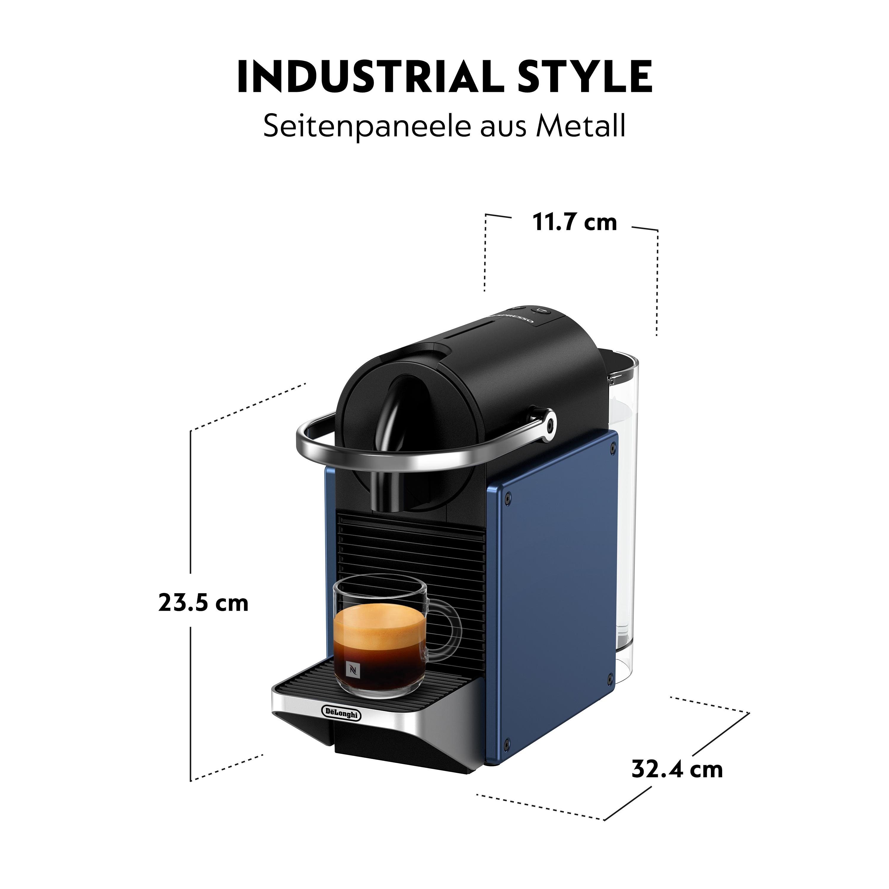 Blaue und schwarze Espressomaschine mit einem Glas Kaffee. Abmessungen sind beschriftet. Industriestil.