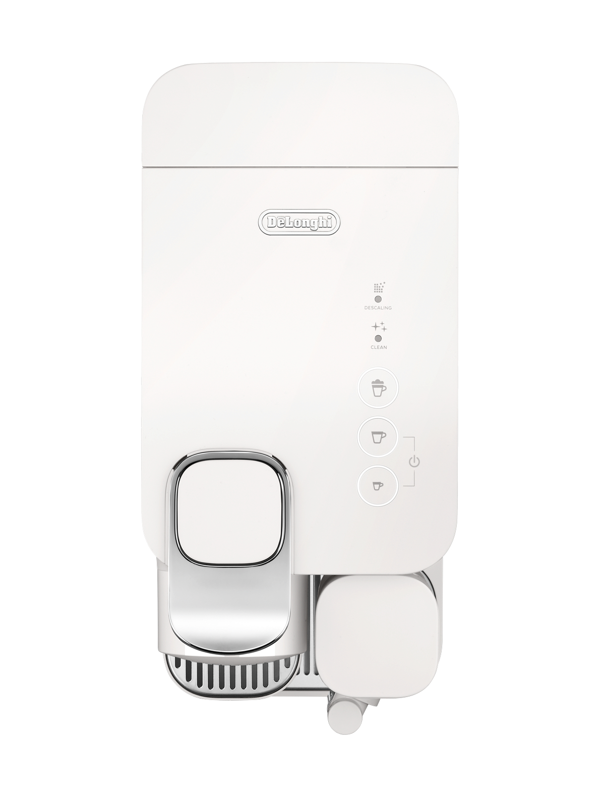 Eine weiße De'Longhi Kaffeemaschine. Sie hat Knöpfe zum Entkalken, Reinigen und Brühen von Kaffee. Das Design ist modern und elegant.