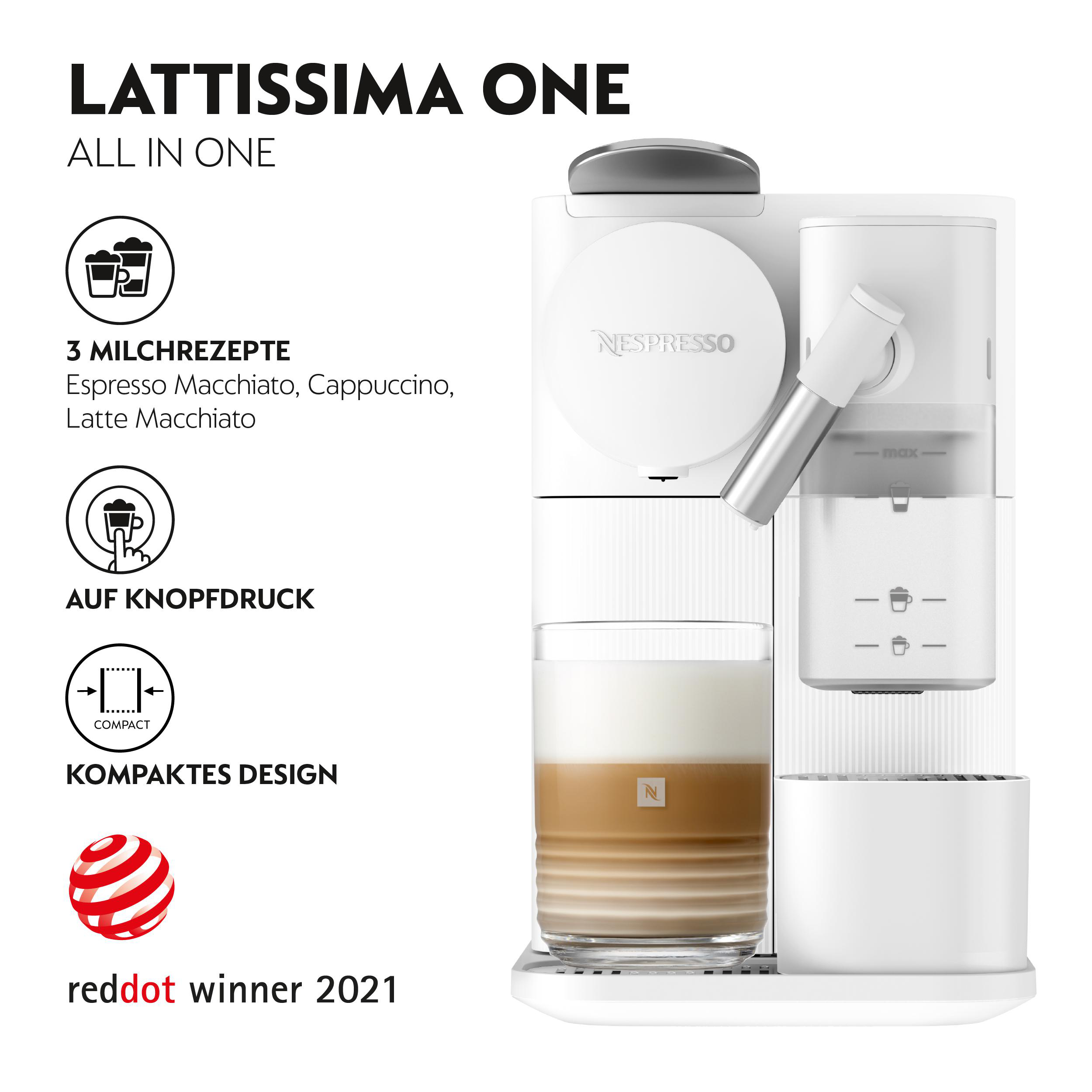 Weiße Nespresso Lattissima One Maschine mit einem Glas geschichtetem Kaffee, Textüberlagerungen und einem Red Dot Award.