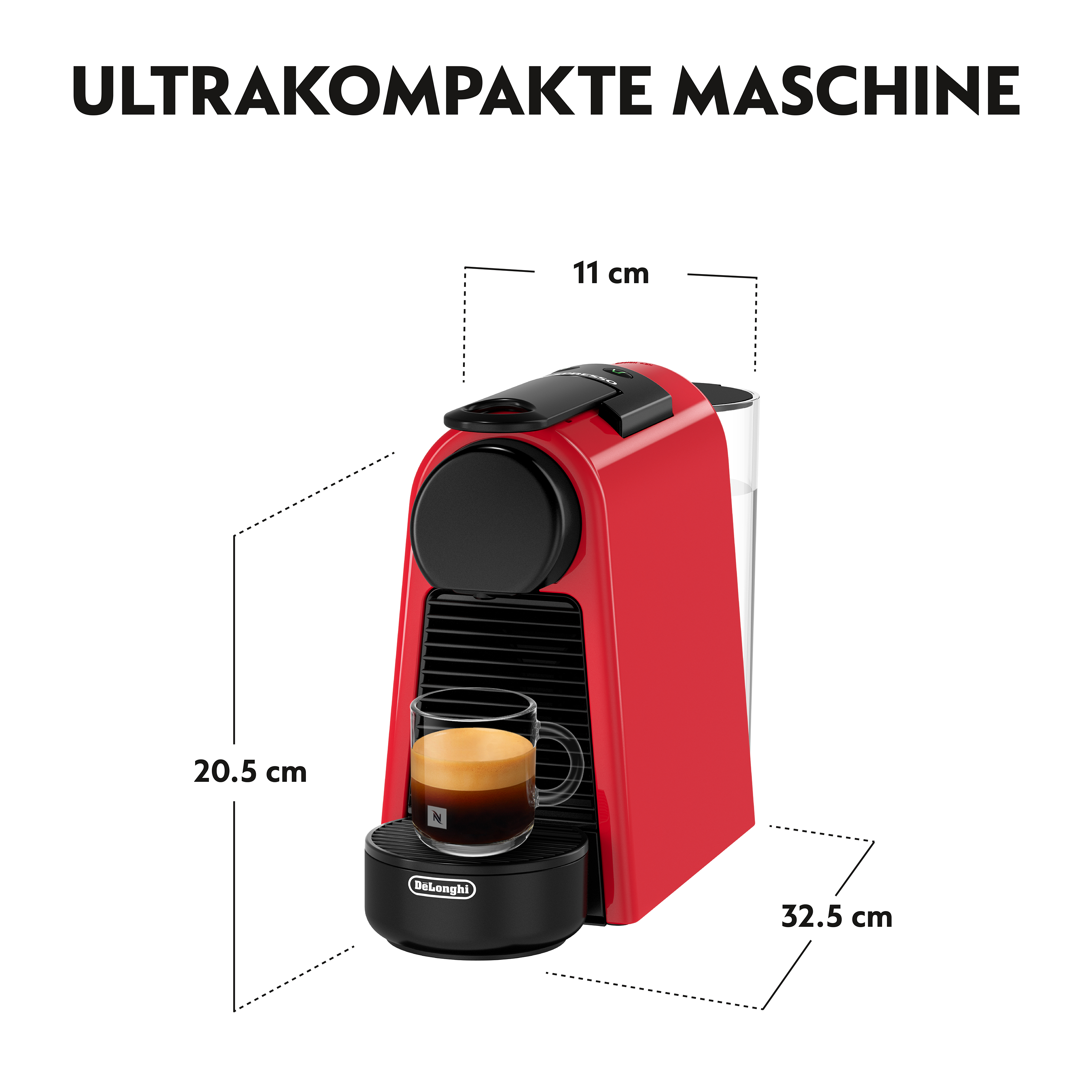 Eine rot-schwarze Espressomaschine mit einer Kaffeetasse. Abmessungen werden angezeigt. Text: Ultrakompakte Maschine.